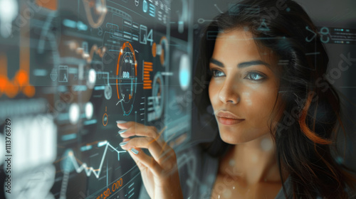Portrait einer junge ,attraktive Datenanalystin, sie arbeitet an einem interaktiven Touchscreen an visualisierten digitalen Daten. Die Kamera blickt durch ein transparentes Display.