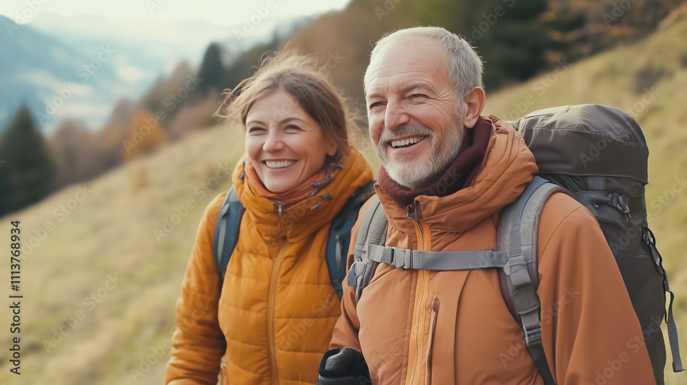 A happy middle-aged couple enjoys a hiking adventure in a lush forest, smiling brightly with backpacks, embracing nature, and celebrating an active, outdoor lifestyle. A happy middle-aged couple enjoys a hiking adventure in a lush forest, smiling brightly with backpacks, embracing nature, and celebrating an active, outdoor lifestyle.
