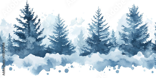 Vector watercolor background winter forest trees, snow, for design	
