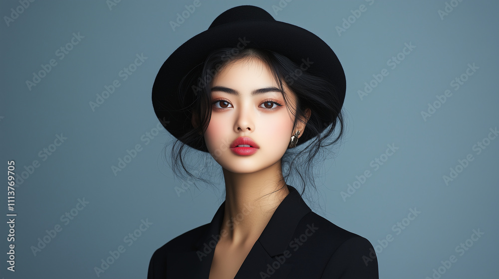 young woman with long black hair wearing black hat and blazer, exuding confidence and elegance. Her striking features and makeup enhance her captivating look. young woman with long black hair wearing black hat and blazer, exuding confidence and elegance. Her striking features and makeup enhance her captivating look.