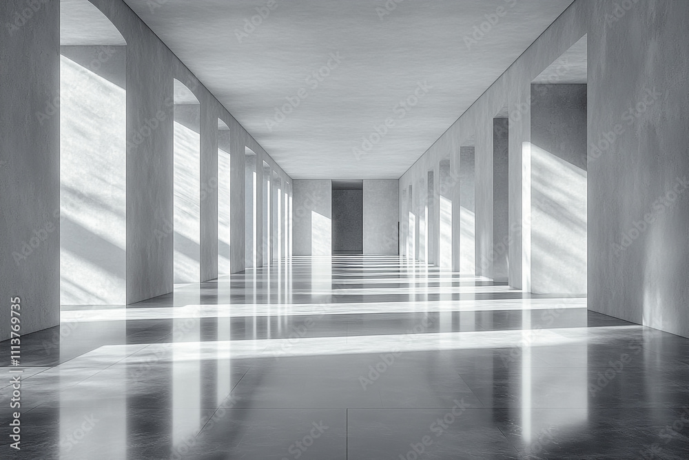 Sunlit Modern Hallway with Arched Windows and Polished Floor Sunlit Modern Hallway with Arched Windows and Polished Floor