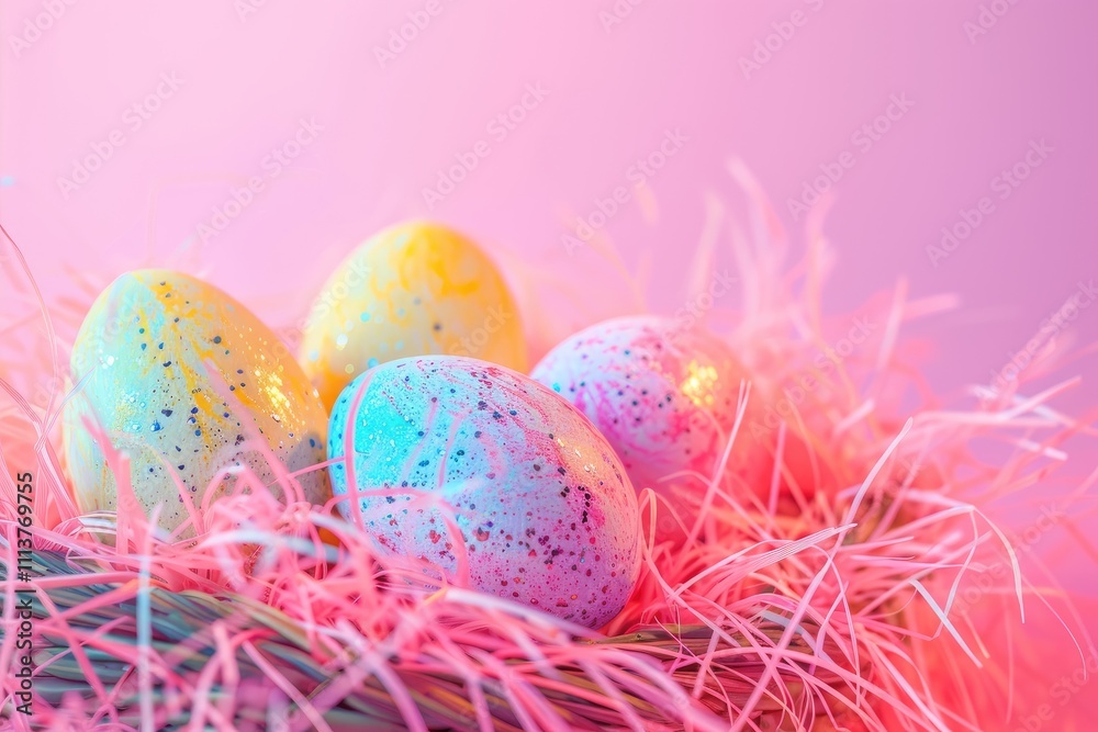 Easter Eggs Decorated with Glitter and Paint in a Pink Nest Easter Eggs Decorated with Glitter and Paint in a Pink Nest
