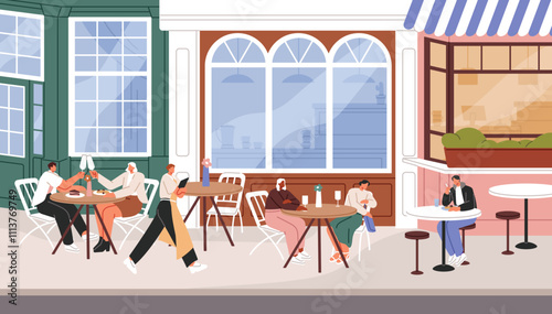 People eating at restaurant summer terrace. Customers sitting at European cafe tables, waiting order outdoor. Characters outside, at coffee shop patio. City street facades. Flat vector illustration