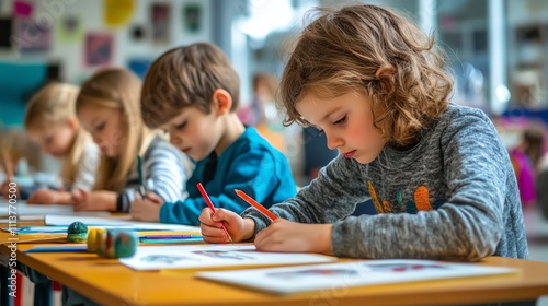 A group of children are sitting at a desk in a classroom, drawing with pencils.