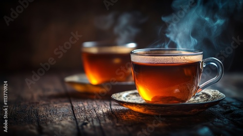 Hot steaming Indian black tea on a rustic background - Selective Focus