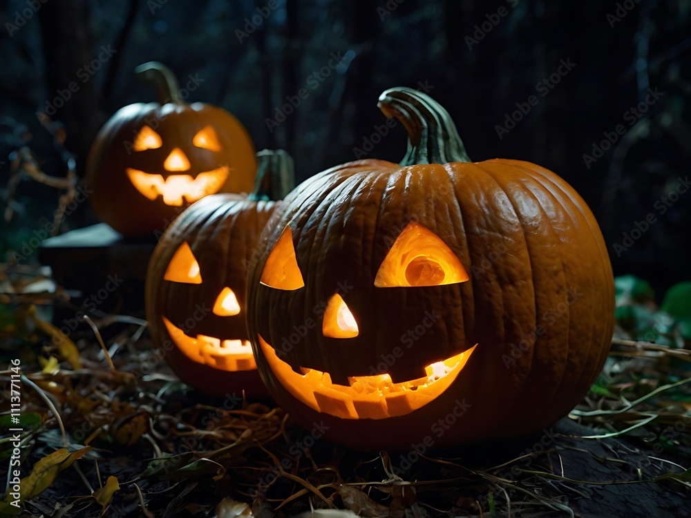 Glowing Jack-O'-Lanterns in a Dark Forest Glowing Jack-O'-Lanterns in a Dark Forest