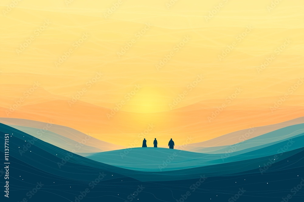 Fototapeta premium Minimalist depiction of the Magi traveling across a desert under a radiant star