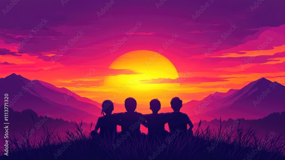 Fototapeta premium A family silhouette sitting together on a grassy hilltop, watching a vibrant sunset with arms around each other, creating a sense of togetherness