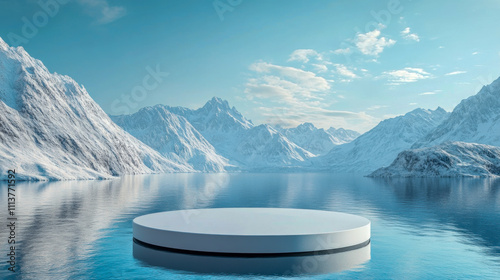 Serene winter landscape with a podium, abstract mockup, presentation products background 