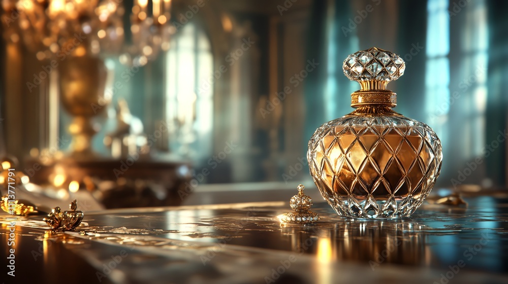 A luxurious glass perfume bottle with gold accents sits on a table with a blurred ornate background.