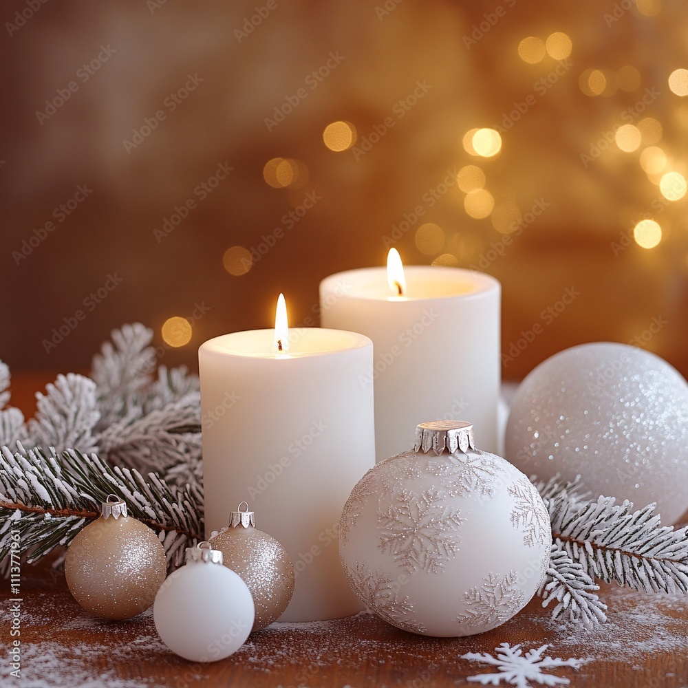 White candles with frosted ornaments and snowy pine branches White candles with frosted ornaments and snowy pine branches