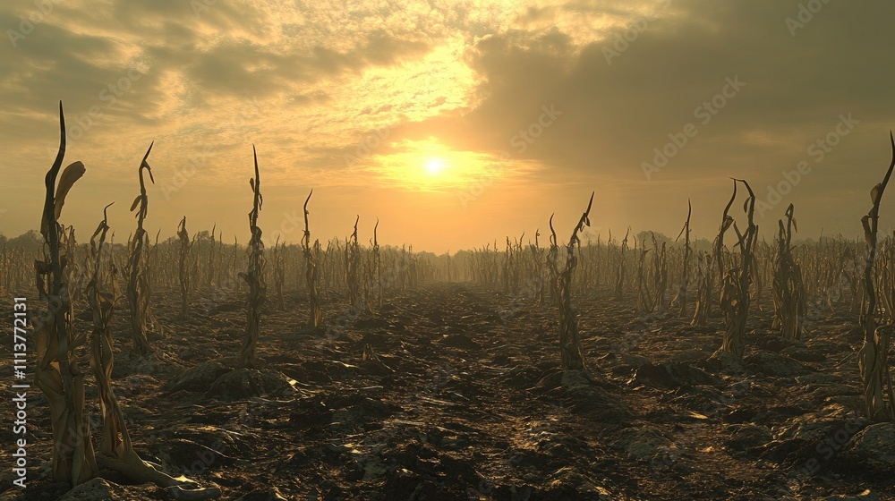 A field of dead crops under a scorching sun, with wilted stalks and dry soil, demonstrating the agricultural impacts of rising temperatures A field of dead crops under a scorching sun, with wilted stalks and dry soil, demonstrating the agricultural impacts of rising temperatures