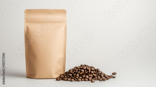 brown kraft coffee bag next to pile of roasted coffee beans, showcasing minimalist design. Perfect for coffee lovers and packaging enthusiasts. photo