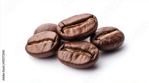 Freshly roasted coffee beans arranged on white background, showcasing their rich brown color and unique texture.