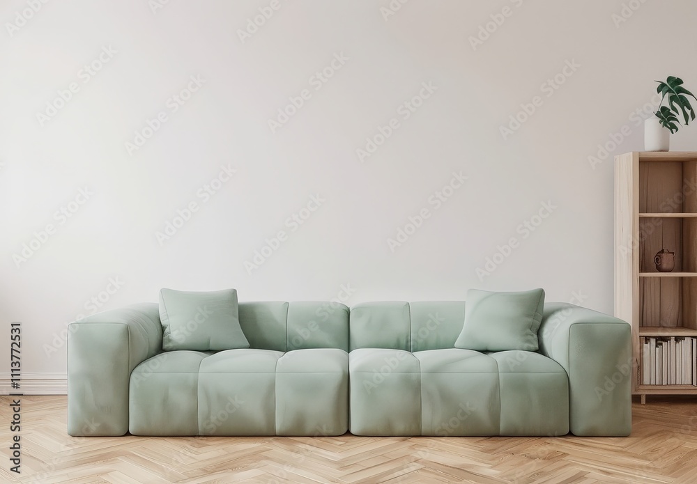 A light green sofa sits in front of a white wall in a modern living room The sofa is positioned on a wooden floor with a bookshelf to the right A light green sofa sits in front of a white wall in a modern living room The sofa is positioned on a wooden floor with a bookshelf to the right