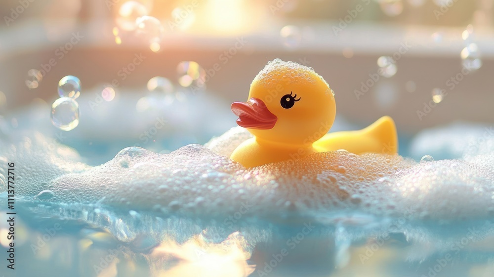 Cheerful Yellow Rubber Duck Closeup in Bathtub with Bubbles and Foam Cheerful Yellow Rubber Duck Closeup in Bathtub with Bubbles and Foam