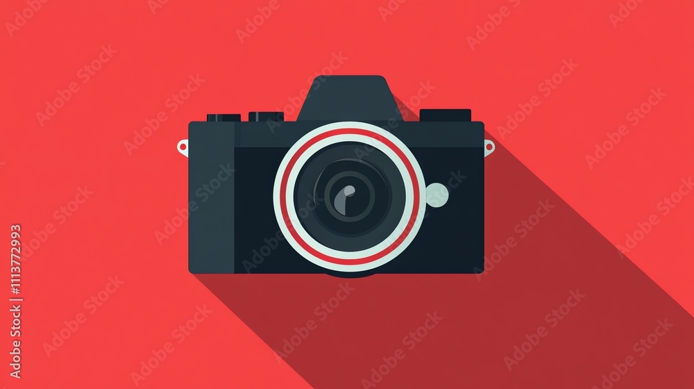 A flat design illustration of a black camera with a red ring around the lens on a red background. A flat design illustration of a black camera with a red ring around the lens on a red background.