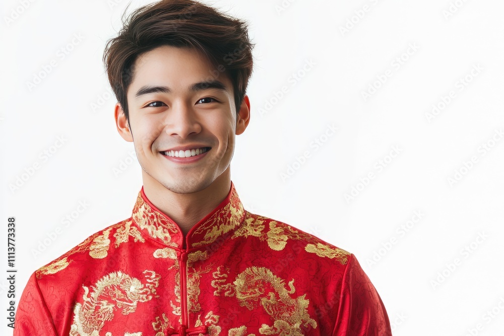 Happy Young Man Wearing Traditional Red Chinese Clothing Happy Young Man Wearing Traditional Red Chinese Clothing