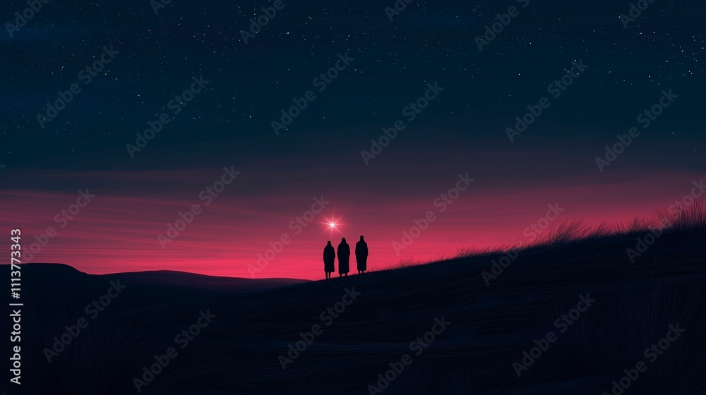 Three wise men in silhouette on the horizon, with a radiant star leading them across a dark sky Three wise men in silhouette on the horizon, with a radiant star leading them across a dark sky