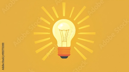 An illustration of a glowing lightbulb with sun rays coming from behind it against a yellow background.