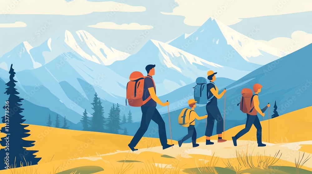 Fototapeta premium A family of four is hiking in the mountains.