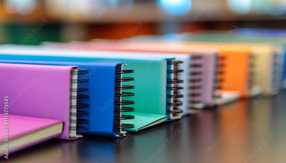 A tidy row of notebooks on a table. A tidy row of notebooks on a table.