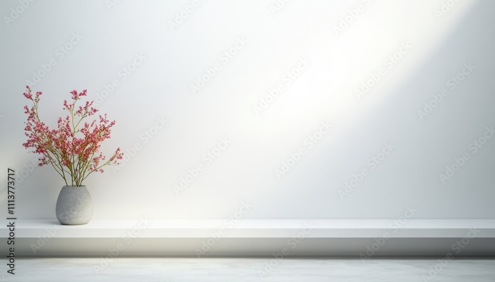 Obraz premium Minimalist Studio Scene with Bright White Background and Natural Lighting Featuring Modern Display Shelf