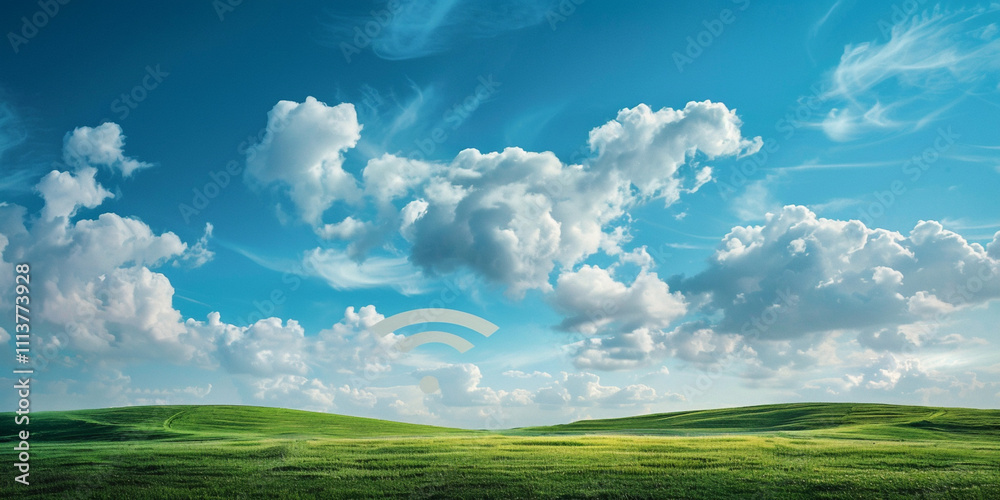Beautiful Green Field Surrounded by a Blue Sky and White Clouds Beautiful Green Field Surrounded by a Blue Sky and White Clouds