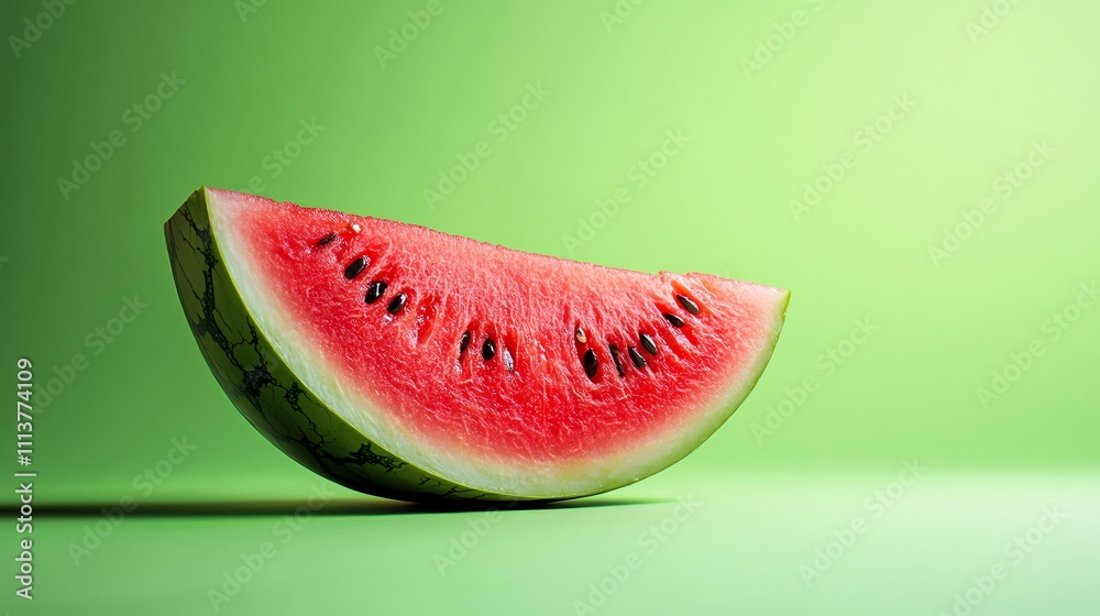 A slice of watermelon sits on a green background. A slice of watermelon sits on a green background.