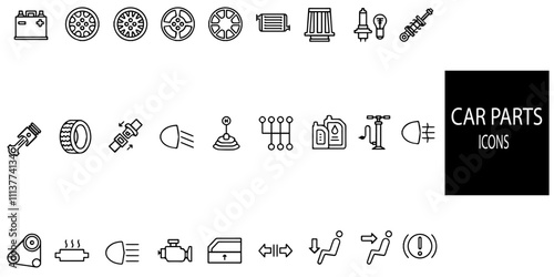 Set of 40 outline Automotive space part icons.Auto spare parts vector thin line art flat style design elements, icons for web banners and printed materials..Vector illustration.