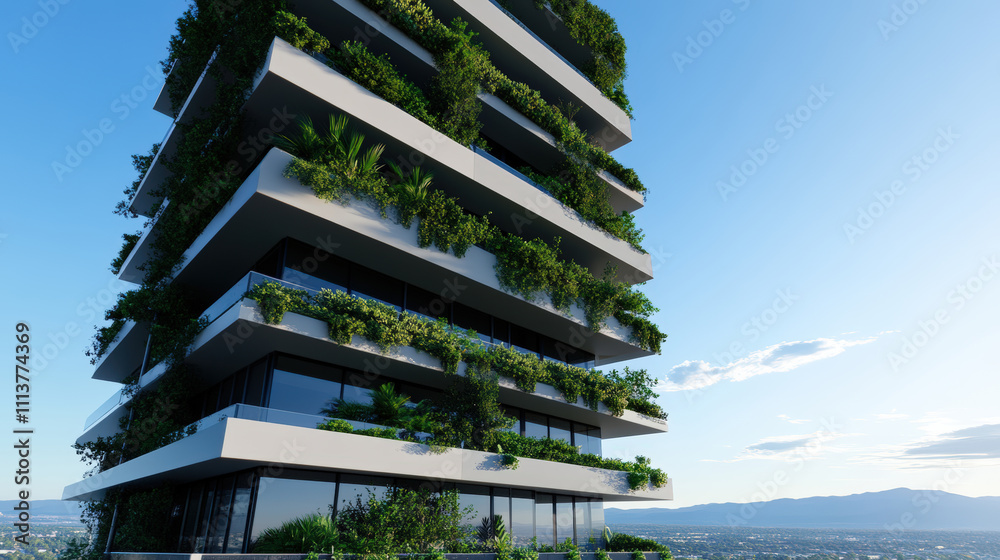 Modern eco-friendly building with vertical garden design, greenery on balconies, and stunning panoramic city view against a clear blue sky Modern eco-friendly building with vertical garden design, greenery on balconies, and stunning panoramic city view against a clear blue sky