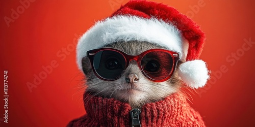 Merry Christmas Cool Quokka with Santa Hat and Sunglasses on Vibrant Red Background