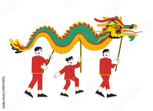 Chinese New Year dragon dance cartoon flat illustration. Spring festival asian kids. Young dragon dancers performing during cny 2D characters isolated on white background. Vector colorful image