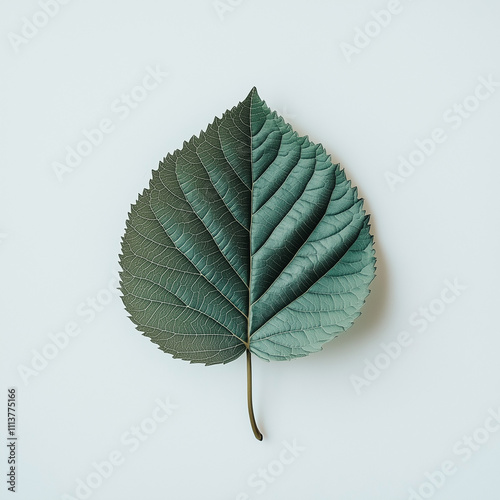 A single green leaf with detailed veins, floating in the center of a clean white background.