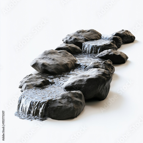 A flowing mountain stream with crystal-clear water running over smooth rocks, placed against a minimal white background.