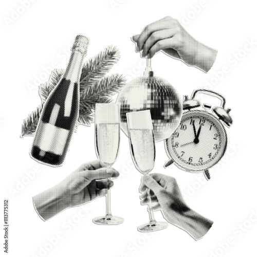 New Year and Christmas decorative elements with halftone effect. Trendy paper cutout for holiday collage, banner.
