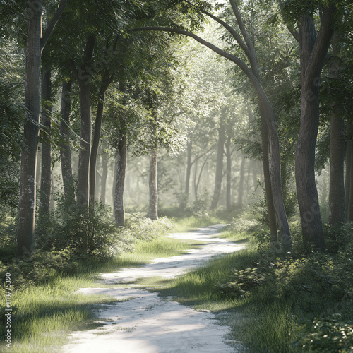 A tranquil forest path winding through tall trees, with sunlight filtering through the canopy, creating soft light on a white background.