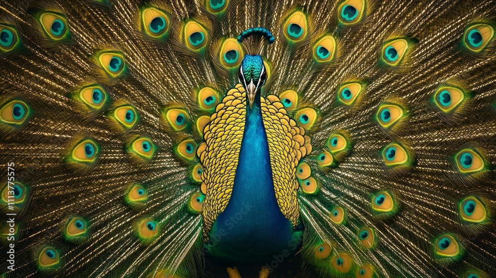 Fototapeta premium Indian national bird the Peacock wonderful feather open wheel portrait, vibrant and ritualic dancing during mating in wild