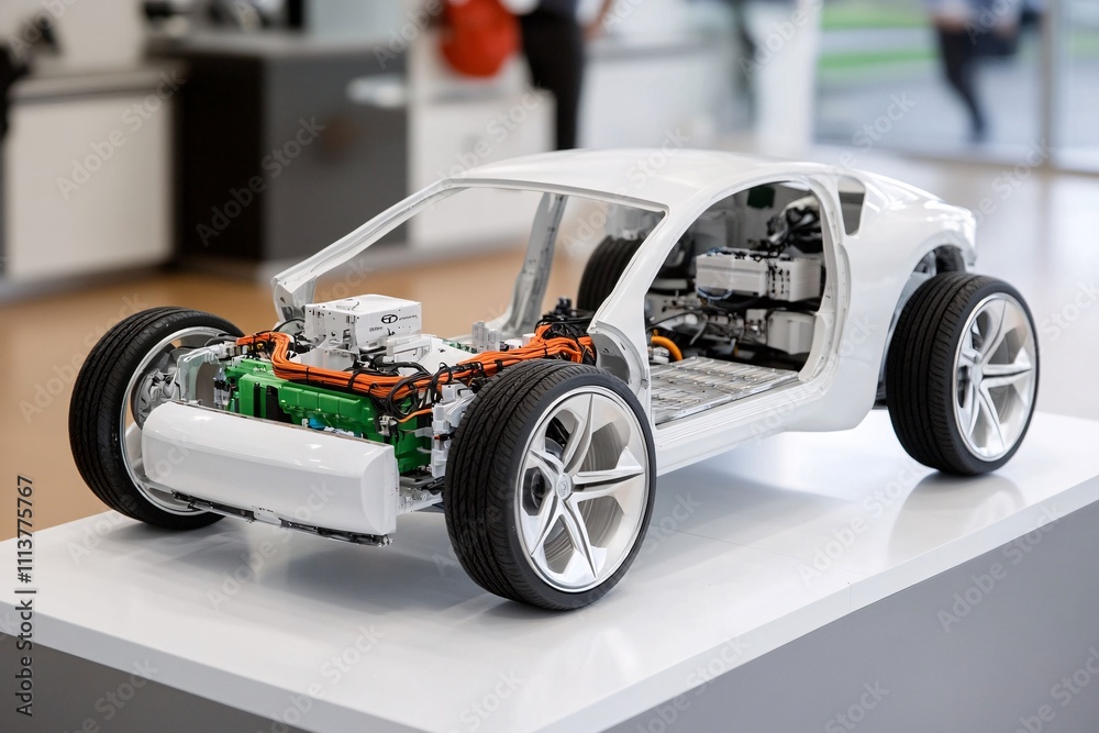 A detailed model of an electric vehicle, showcasing its internal components, including wheels, battery, and electrical systems in a sleek, modern design. A detailed model of an electric vehicle, showcasing its internal components, including wheels, battery, and electrical systems in a sleek, modern design.