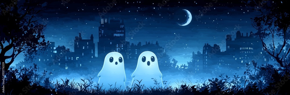 Spectral beings wander the empty city at night, as playful Halloween characters glide along the road lined with ruined buildings. Spectral beings wander the empty city at night, as playful Halloween characters glide along the road lined with ruined buildings.