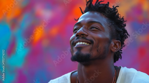 Man with a beard and dreadlocks is smiling. He is wearing a white shirt. The background is colorful