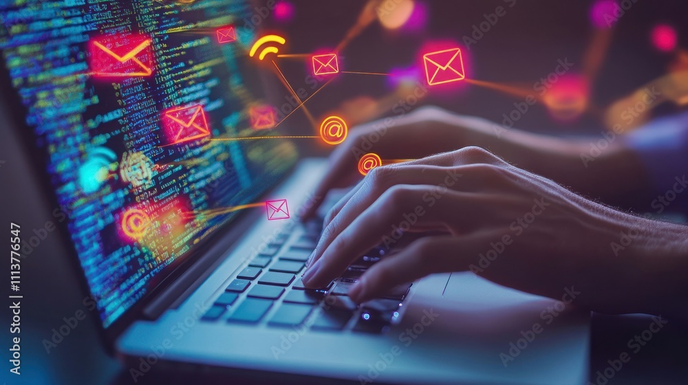 Hands typing on a laptop with digital communication icons Hands typing on a laptop with digital communication icons
