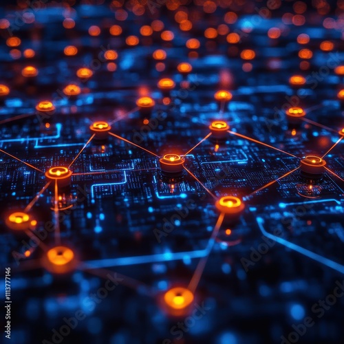 A digital network with glowing nodes and connections, representing technology and data flow.