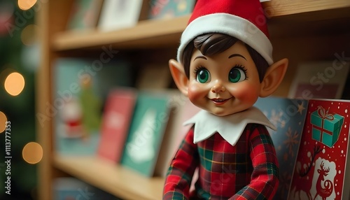 Elf in a bookcase with sparkling eyes, surrounded by holiday cards