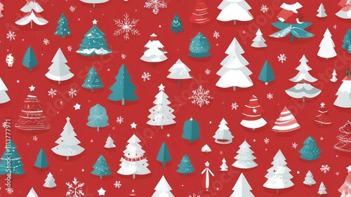 christmas festival with green trees and snowflakes on a bright red background