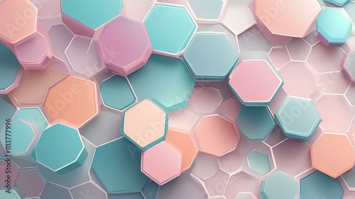 The hexagons are arranged in a seemingly endless grid. This creates a mesmerizing geometric design. The color scheme is soft pastels, with hints of pink, blue and beige.