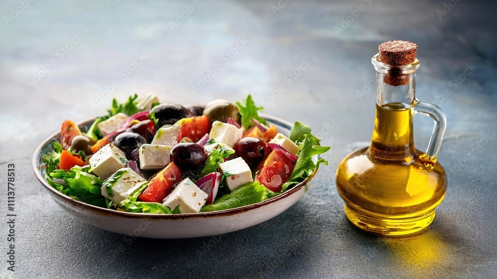 Greek salad with feta and kalamata olives in a bowl. A bottle of olive oil on the side. Copy space. Greek salad with feta and kalamata olives in a bowl. A bottle of olive oil on the side. Copy space.