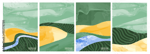 Trendy modern vector illustration of green countryside landscape with mountain, river, forest. Abstract watercolor design with hill, field. Contemporary pieces composition, organic applique, patchwork