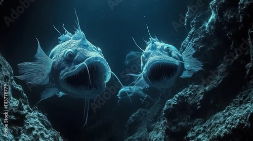 deep ocean trench, where only the faintest light reaches. Strange, otherworldly creatures like anglerfish and deep-sea jellyfish float near the seafloor photo