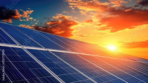 A panoramic view of a solar farm set against a vibrant sunset, with the sky ablaze in colors and the panels absorbing the last rays of the day, symbolizing hope for clean energy